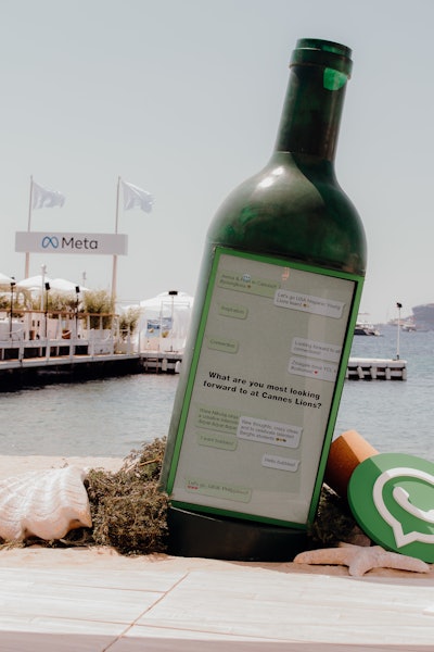 Meta also created a giant “message in a bottle” sculpture. Attendees were met with a visualization of messages of encouragement, creative catchphrases, and inspiring ideas centered on Cannes Lions. They could add their own anonymous messages that appeared as a new chat bubble on the screen. As the messages “floated” to the top, they turned into soap bubbles that floated out of the bottle, capturing attention across the beach.