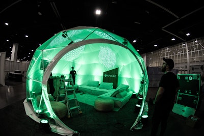 With the help of Dapper Event Design, supporting sponsor Apollo Neuro curated a multisensory, Burning Man-inspired geodesic dome with elements of light, sound, scent, and touch. The wellness wrist wearable helps relieve stress by partnering with the parasympathetic nervous system. The team explained how to apply the device to a psychedelic experience to help navigate a trip and rewire the stress response and sold the wearables on site.