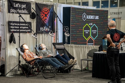 RoXiva set up several stations trialing its hypnagogic light machine, stimulating audiovisual brainwaves to induce a deeply relaxing or profoundly inspiring state of mind. Like several other immersive therapies at the conference, RoXiva promoted its experience as a drug-free psychedelic trip.