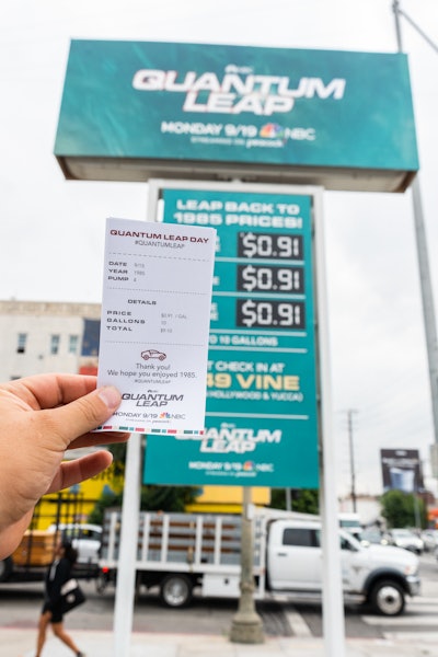 The Los Angeles event featured a drive-through experience followed by the chance for guests to score gas for 91 cents a gallon, the average price of gasoline in LA in 1985. Drivers received 'dated' receipts with details on the series premiere. See more: Pump It Up: Why NBC Rolled Back Gas Prices Like It’s 1985