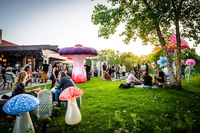 Alex and Allyson Grey treated guests to a live painting of their 35- by 8-foot “Stargazers” work at Tuesday’s Shroomski Night with the Greys. The Greys were contributing artists in the second edition of the new psychedelic-themed print magazine. During the event, Alex autographed magazine copies for event attendees. Following a private dinner, Shroomski welcomed all for festivities with fire dancers, glass blowers, lounge areas, and whimsical mushroom decor that transformed the venue.