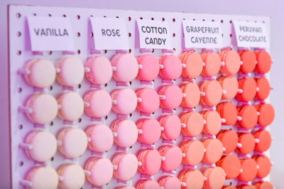 Toronto-based catering company Eatertainment offers an ombré macaron peg wall with vanilla, rose, cotton candy, grapefruit cayenne, and Peruvian chocolate flavors.