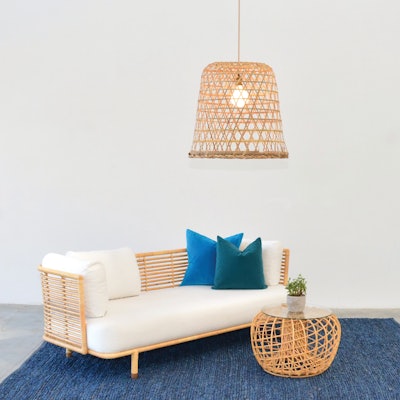 Batu natural wood rattan pendant lamp ($125 each), available across the continental U.S. from Taylor Creative