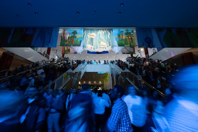 The idea of flowing water was used as a design element this year to tell a connected visual story. 'This design started on Howard Street with trust falls, flowing into the lobby of South Moscone Center and down the escalators, pooling at the entrance to Campground, the first stop of learning on the journey, and then extended throughout the long pathway leading to Lodge Village, where attendees could dive deep into their area of expertise,' said Katherine Pettit, executive creative director for George P. Johnson, the experiential firm behind Dreamforce.