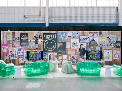 Another anchor to the space was this interactive area, meant to evoke a '90s-era bedroom, where guests could try their hand at Mario Kart via a Nintendo 64 console. Inflatable furniture and posters of iconic '90s pop culture rounded out the space.