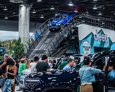 At the Detroit Auto Show, an indoor test track from Jeep features a hill with a 40-degree incline. The activation (seen here from the 2022 show) returned for the 2023 show.