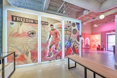 Messi sponsor Adidas enlisted longtime event partner, Minneapolis-based Latitude, to design two retail pop-up shops—one in downtown Miami dubbed Fütopia and one on Lincoln Road. The latter featured this custom mural by artist Rigo Leon.