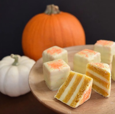 Los Angeles-based luxury chocolatier Valerie Confections is selling Pumpkin Petits Fours. The spiced pumpkin cake layered with cream cheese ganache is hand-dipped in white chocolate and finished with golden and orange pearlized sugar. Each 12-piece box sells for $55.
