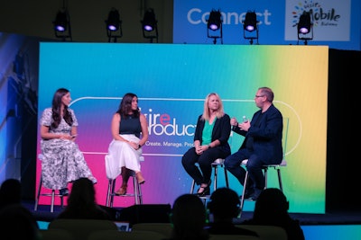 The future of event tech was the topic of a panel-style session at Connect Marketplace 2023. Pictured, left to right: BizBash director of marketing Jordan Bouldin, Hubilo director of events Jessica Connolly, Community Brands senior director of marketing Michelle Kristoff, and VenuIQ co-founder Oliver Rowe.