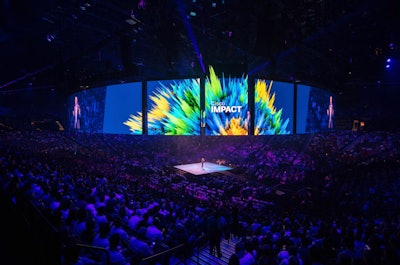 The 2022 edition of Cisco IMPACT, the company's annual sales kickoff, took place in August in Las Vegas. The event marked the first time Cisco’s sales leaders had been physically together since 2019, so the event teams wanted to lean into eye-catching designs that drove engagement and moments of unity. One highlight? A main stage area, designed and produced by TENCUE, that housed all 14,000 attendees. Speakers stood on a platform in the middle of the crowd, while massive screens with bold graphics—some of which extended off the screen—appeared behind them. See more: Most Innovative Meetings 2022: Cisco IMPACT FY23