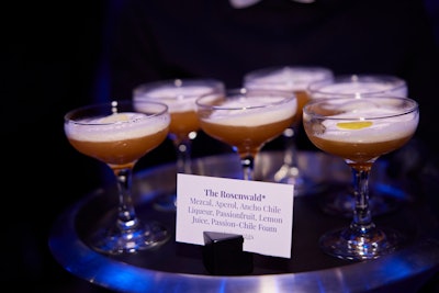 Sodexo Live concocted intricate specialty drinks for the celebration. Options included The Rosenwald, named after the museum’s historical benefactor Julius Rosenwald. Served in a coupe, the drink had ingredients such as ancho chile liqueur and passion fruit chile foam.