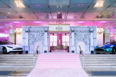 Upon arrival at the InterContinental Miami valet, guests walked a bubblegum-pink carpet under 10-foot OCULUS entry signage fashioned after a pop-up-book-styled marquee.