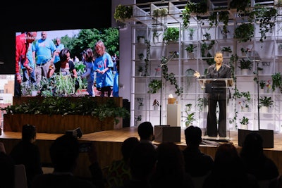 The festival's main stage hosted high-profile speakers like former first lady of the United States Michelle Obama (pictured). The stage was later upcycled through a partnership with New York's GreenThumb.