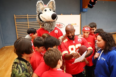 Chiefs cheerleaders; the team mascot, KC Wolf; and Chiefs legends made a community visit to RTL Kinderhaus (Children's House) and worked with the USO Kaiserslautern to visit military members and their families.