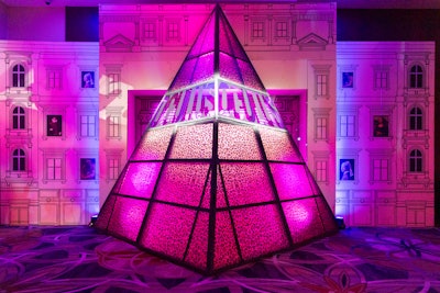 A leopard-printed pyramid shaped like the Louvre served as a focal point during the cocktail reception and doubled as the entryway into the main gala ballroom.