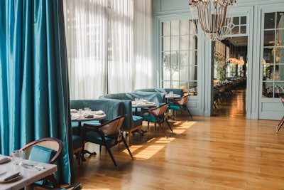 In the daytime, the curtains of the 800-square-foot, 50-seat private dining room at Baar Baar Los Angeles can be closed or drawn depending on the event scope.