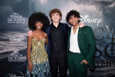 Of course, the series’ leading actors stopped on the blue carpet for a photo op. Pictured left to right: Leah Sava Jeffries, who plays Annabeth Chase; Walker Scobell, known on-screen as Percy Jackson; and Aryan Simhadri, who assumes the role of Percy’s good friend Grover Underwood.