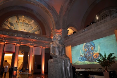 The Met was an obvious venue choice for the event, as it served as a key setting in the series. “In the first episode, Percy and Grover’s class takes a field trip to the museum, where Percy gazes upon a statue of the Greek hero Perseus, and later displays his powers for the first time at one of the museum fountains,” Nelson told BizBash. It also “made perfect sense as an homage to the epic Greek myths featured throughout the series.'