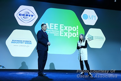 2023 IAEE Chairperson Dennis Smith and IAEE President and CEO Marsha Flanagan took the stage during the general session Dec. 6.
