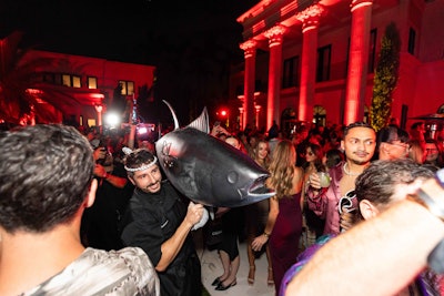 David Bouhadana of Sushi By Bou led the Tuna March of a 200-pound fish imported from Spain for Saturday’s NYLON Nights party. Bouhadana proceeded to share the art of tuna carving with the crowd while his team filleted, rolled, and served fresh sushi and sashimi offerings.