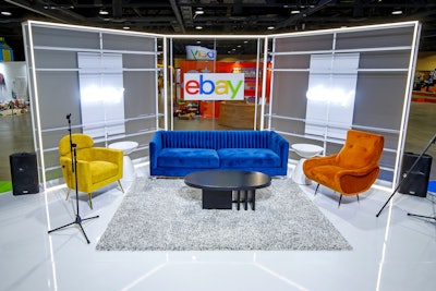 “The living room was defined by soaring, open, white powder-coated metal frame walls, with shelves with monochromatic white props and the eBay Live steaming stage,” said Stoelt.