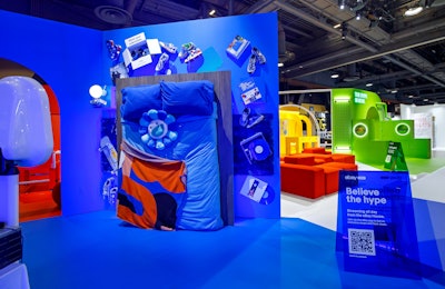 The bedroom also featured a “vertical bed photo booth with sneakers; books such as Supreme, The Incomplete: Highsnobiety Guide to Street Fashion and Culture, and Virgil Abloh: Figures of Speech; vintage concert tickets from 1989 LL Cool J and Eazy-E concerts; a functioning acrylic mushroom lamp; and a functioning Victrola record player,” said Matt Stoelt, whose company, Stoelt Productions, handled fabrication, production design, production support, and technical production for the booth.