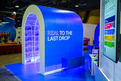 A blue bedroom space focused on sneakers—”for the sneakerhead that would sleep in their sneaker closet,” laughed Davis. The space featured a shoe tunnel with 64 of today’s most sought-after products, illuminated with LED lighting.