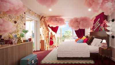 A decadent chocolate bar bed topped with marshmallows is set amid cotton candy clouds in the suites.