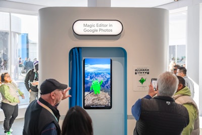 Attendees could test out Magic Editor, an experimental editing experience in Google Photos on Pixel 8 and Pixel 8 Pro that uses generative AI to make complex photo edits easier. A sleek photo booth-style structure served as the display installation for this feature.