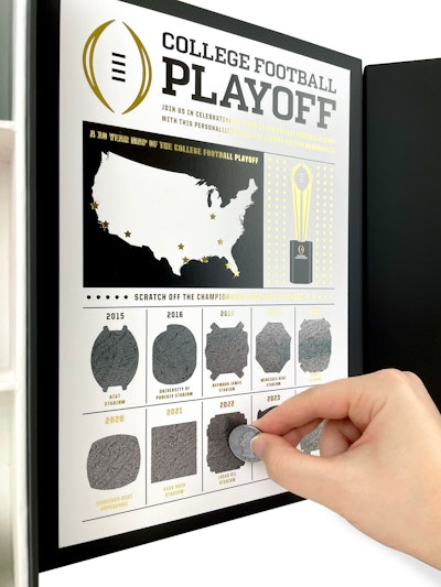 The center panel featured a limited-edition print with scratch-off championship stadiums so guests could commemorate their personal CFP experience. A branded football was housed in the box as well.