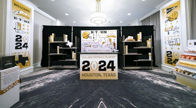 For the registration experience, GGL designed a space that focused on and celebrated the location of the game—Houston. Guests were welcomed with personalized folios containing all event materials, credentials, and guides. The decor included larger-than-life symbols of Texas as well as oversize faux books that created a CFP library of sorts. Titles included “A Brief History of the Hail Mary” and “The Official Biography of Perry the Pylon” (the CFP mascot).