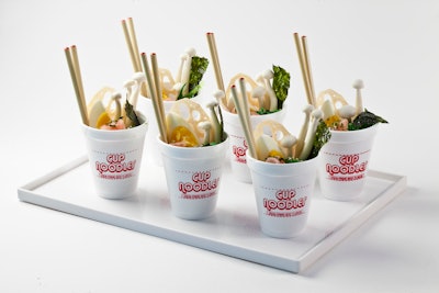 During the pandemic, New York-based Elegant Affairs offered individual Korean beef ramen bowls (made with beef, pork, or chicken) and playfully packaged them in takeout containers—complete with chopsticks, of course. At the time, Elegant Affairs founder and president Andrea Correale said that, thanks to COVID-related challenges, “we had to become ‘party box’ specialists and rethink every food presentation so guests feel safe.” See more: 15 Low-Touch, High-Taste Catering Ideas for Live and Virtual Events