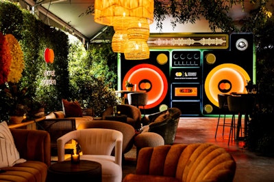 Grammy House's Secret Garden featured various moments for content capture, including a 20-foot Mastercard-branded boombox with giant speakers that guests could sit inside.