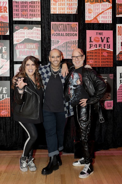 For the LOVE Party hosts, the evening was a labor of love—literally. Robin (left) and Jeffrey Selden (center) of Marcia Selden Catering, and Ron Ben-Israel (right), the man behind his famed namesake special-occasion cakes company, co-hosted the Valentine’s Day celebration. The trio was decked out in leather, glitter, and chains, plus smoky makeup that embodied the rock ’n’ roll theme. (Hair courtesy of Lauren DeCosimo Beauty; makeup by Erika Jansen)