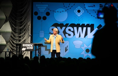 There are three new tracks for the conference this year: Artificial Intelligence, Creator Economy, and Fashion and Beauty. (Pictured: Scottish American musician David Byrne speaking at SXSW 2019)