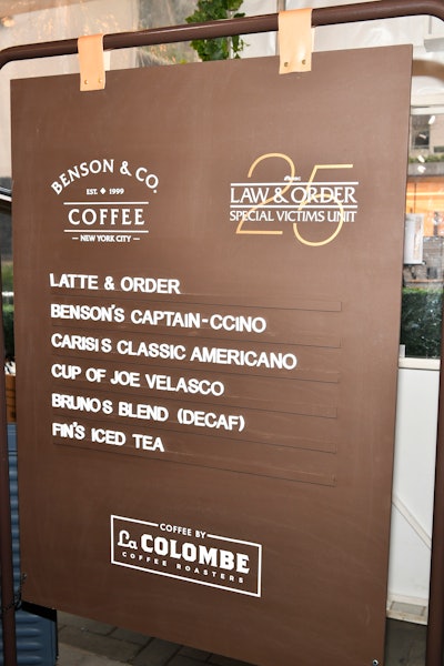 The names of the drinks honored the series’ characters, including Benson's Captain-ccino, Carisi's Classic Americano, Cup of Joe Velasco, and Fin's Iced Tea. Each drink was served with a custom Law & Order logo printed on the foam, courtesy of Ripple.