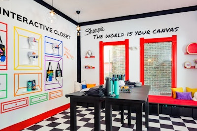 The highly colorful space included two interactive rooms. The Sharpie Interactive Closet allowed people to draw their designs on white baseball caps using the product.