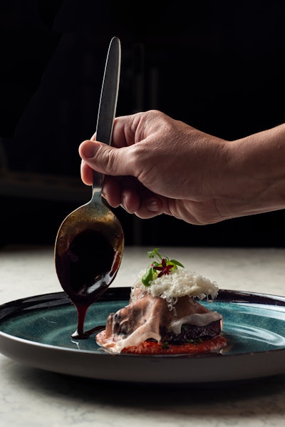 Loews Miami Beach Hotel executive chef Christopher Aguirre prepared the stunning main course: sous vide Kuro American wagyu cheek braciole with prosciutto di Parma and pine nuts.