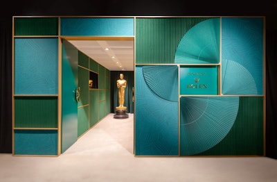 More circular shapes appeared at the official Oscars greenroom, presented by Rolex. The space—designed by the Rolex team and produced by Event Eleven—focused on the vegetal world, using images of fans and watch bezels as inspiration.