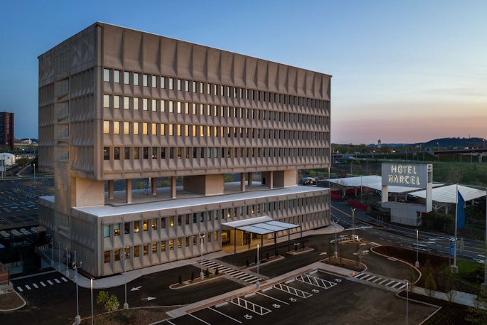 Hotel Marcel debuted in New Haven, Conn., in 2022 in a converted 1970s brutalist office building that’s listed on the National Register of Historic Places.