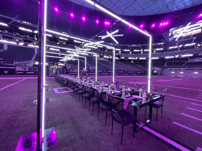 The most sought-after venue within Las Vegas' Allegiant Stadium is the field. The turf is designed exclusively for clients to live out their football dreams. Host an intimate dinner (like the BizBash Leadership Summit did here in 2023) or activate the field with Punt Pass Kick or A-list entertainment.