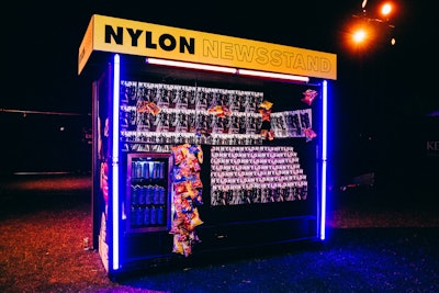 A newsstand displayed issues of NYLON. Additional vendors at NYLON House included lighting, audio, and video by Pro Systems; lighting design by Lighten Up; fabrication by 3 Line; staging by Accurate; dome structures by Elevation XR; and beverage catering by F10.