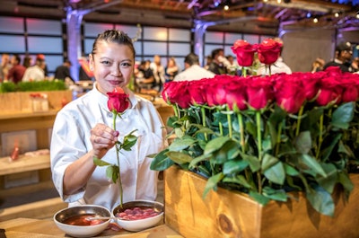 At the opening of City Market Social House in Los Angeles, Wolfgang Puck Catering debuted rose-and-lemongrass-infused dew drops. Chefs used a spherification process that allowed guests to eat gazpacho right off of a freshly cut rosebud.