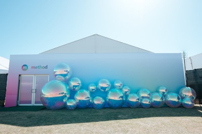 In a similar idea, Method's activation was marked by spherical soap bubbles. The brand also had a branded golf cart, adorned with smaller versions of the bubbles, that traveled festival grounds to hand out body washes, shampoos, and conditioners.