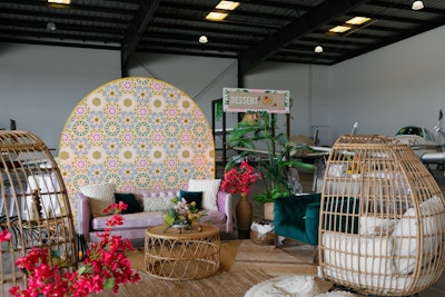 The event welcomed 300 corporate and nonprofit event profs to see new event venue The Executive Hangar in action. A Tulum-inspired theme included relaxing lounge areas like this one, worthy of any good vacation spot.
