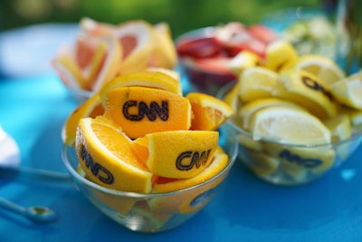 Occasions Caterers handled F&B, which included a Spritz Bar, Bubbles Bar, and a No. 3 Gin Cocktail Bar, where guests could find these branded citrus slices.