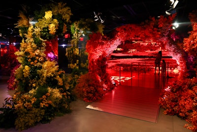 The installation uses colors that capture the rich pinks of Korea’s national flower, mugunghwa, and the striking oranges and yellows of the Jeju Volcanic Island magma tubes.