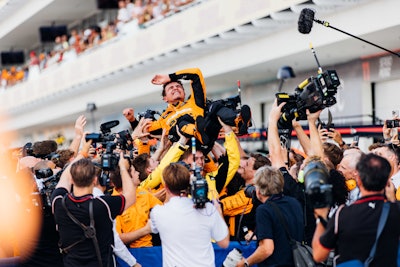 McLaren driver Lando Norris celebrates his first Formula 1 win following his 110th start in the sport. Norris was the first competitor to beat reigning world champion Max Verstappen, who won the past two consecutive Miami Grand Prix races.