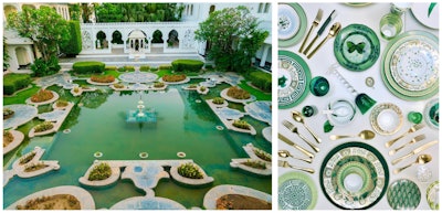 Left: Taj Lake Palace in Udaipur, India. Right: A tabletop shoot it inspired, which was styled by Kleinhaut.