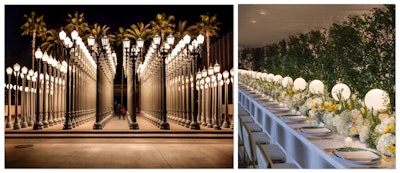 Another Kuppig-designed event (pictured, right) was inspired by artist Chris Burden's installation 'Urban Light' in Los Angeles (pictured, left).